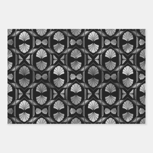 Silver Art Deco Shells op Black Inpakpapier Vel (Voorkant 3)