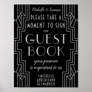 Silver Art Deco Weddenschap Editable Guest Book Poster