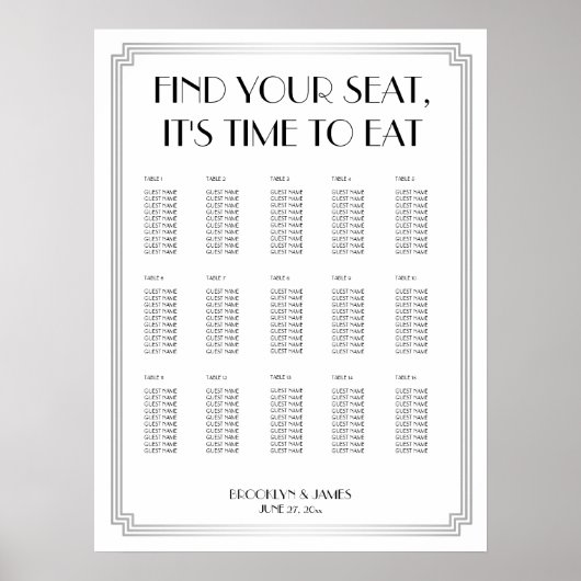 Silver Art Deco Wedding Seating Chart Poster (Voorkant)
