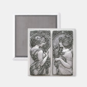 Silver, Art nouveau, design, vrouw twins, Mucha Magneet (Voorkant / Achterkant)