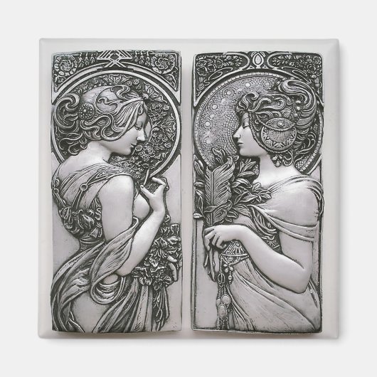 Silver, Art nouveau, design, vrouw twins, Mucha Magneet (Voorkant)