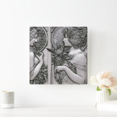 Silver, Art nouveau, design, vrouwen, Mucha, beaut Vierkante Klok (Huis)