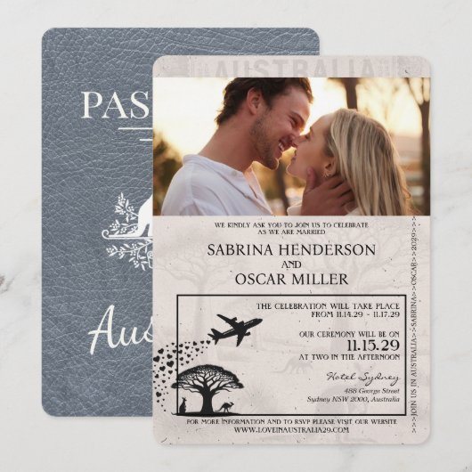 Silver Australia Passport Wedding Kaart (Voorkant / Achterkant)