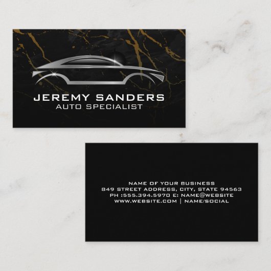 Silver Auto-Logo | Zwart marmeren achtergrond Visitekaartje (Voorkant / Achterkant)