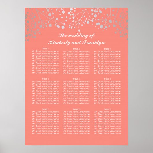 Silver Baby's Breath Coral Wedding Seating Chart Poster (Voorkant)