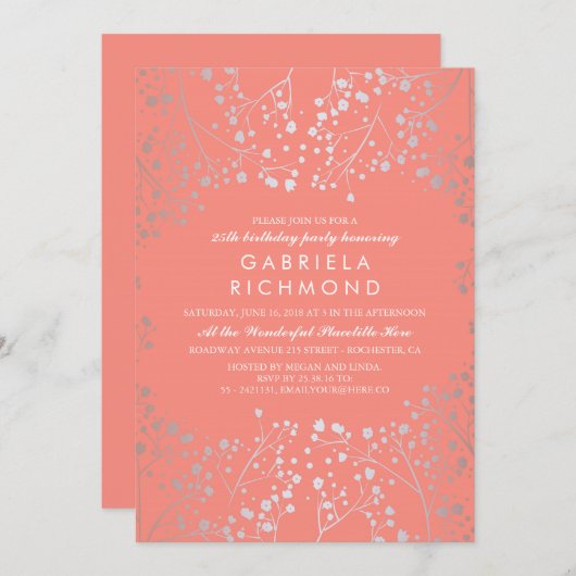 Silver Baby's Breath Elegant Coral Verjaardagsfees Kaart (Voorkant / Achterkant)