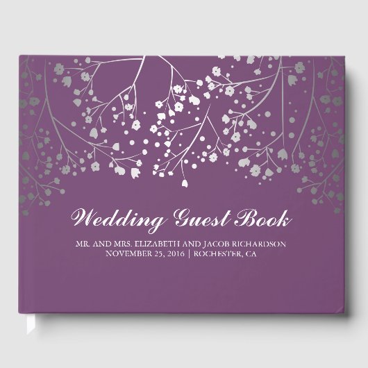 Silver Baby's Breath Floral Elegant Plum Paarse Gastenboek (Voorkant)