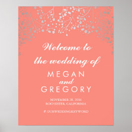 Silver Baby's Breath Wedding Welcome Sign Coral Poster