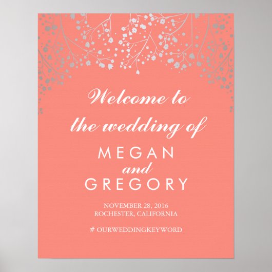 Silver Baby's Breath Wedding Welcome Sign Coral Poster (Voorkant)