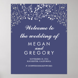 Silver Baby's Breath Wedding Welcome Sign Navy Poster