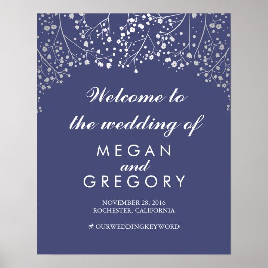 Silver Baby's Breath Wedding Welcome Sign Navy Poster (Voorkant)