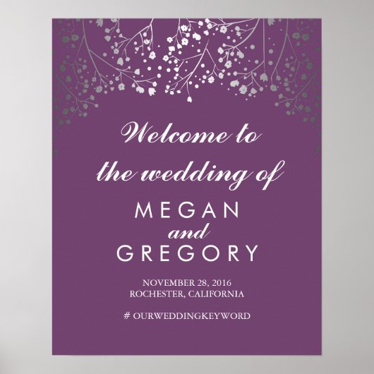 Silver Baby's Breath Wedding Welcome Sign Plum Poster (Voorkant)