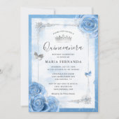 Silver Bahama Blue Rozen Elegant Quinceanera Kaart (Voorkant)