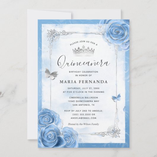Silver Bahama Blue Rozen Elegant Quinceanera Kaart (Voorkant)