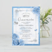 Silver Bahama Blue Rozen Elegant Quinceanera Kaart (Staand voorkant)