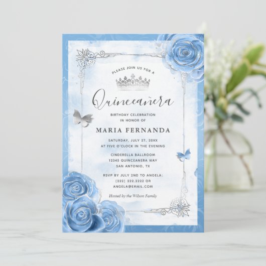 Silver Bahama Blue Rozen Elegant Quinceanera Kaart (Staand voorkant)