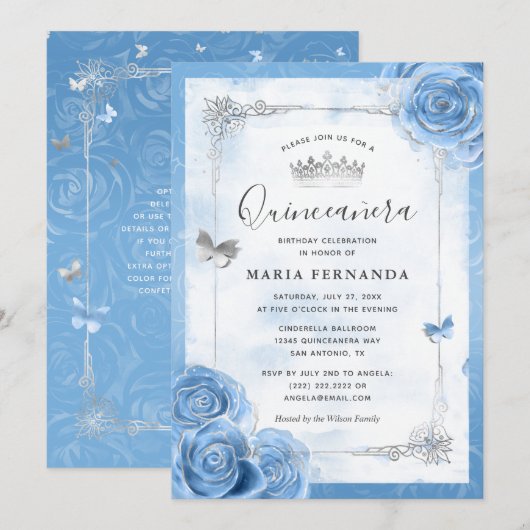 Silver Bahama Blue Rozen Elegant Quinceanera Kaart (Voorkant / Achterkant)