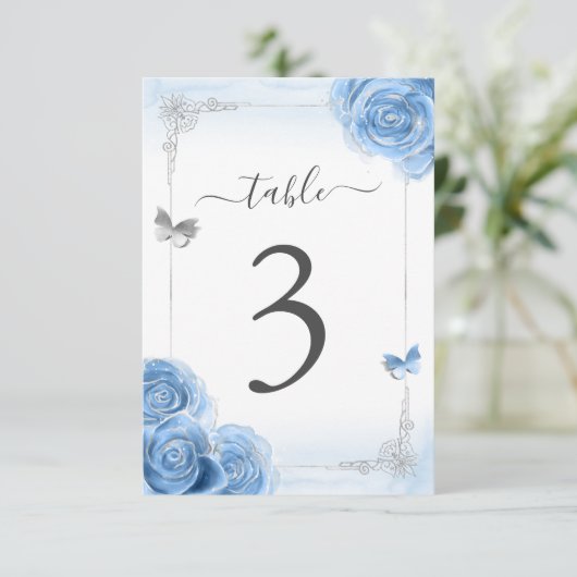 Silver Bahama Blue Rozen Elegant Table Number Kaar Kaart (Staand voorkant)