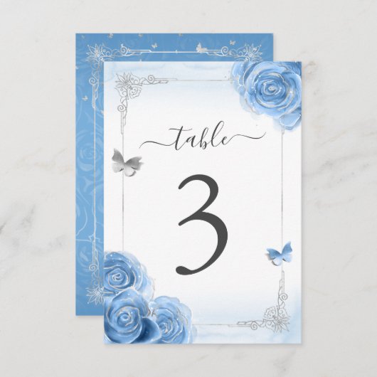 Silver Bahama Blue Rozen Elegant Table Number Kaar Kaart (Voorkant / Achterkant)