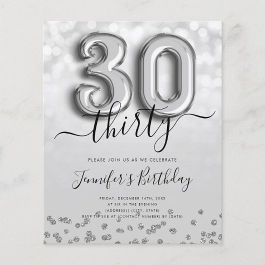 Silver Balloon Glitter 30th Birthday Party Invite Flyer (Voorkant)