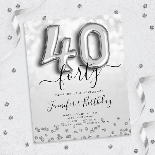 Silver Balloon Glitter 40th Birthday Party Invite Flyer