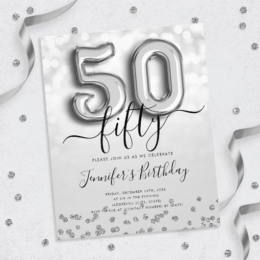 Silver Balloon Glitter 50th Birthday Party Invite Flyer