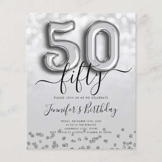 Silver Balloon Glitter 50th Birthday Party Invite Flyer (Voorkant)