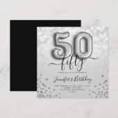Silver Balloon Glitter 50th Birthday Party Invite Kaart (Voorkant / Achterkant)