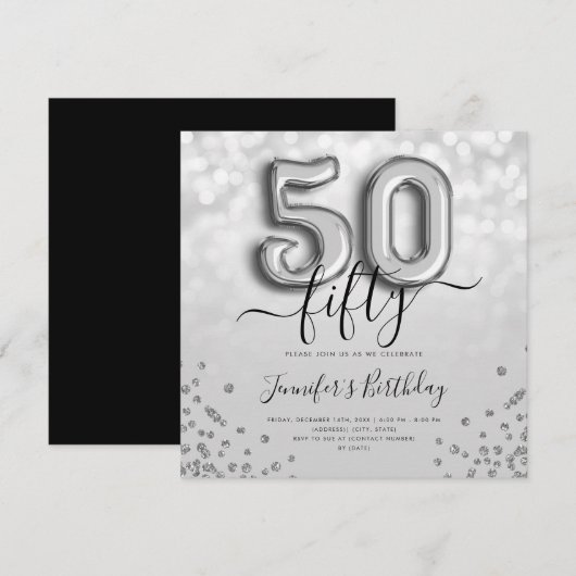 Silver Balloon Glitter 50th Birthday Party Invite Kaart (Voorkant / Achterkant)