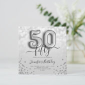 Silver Balloon Glitter 50th Birthday Party Invite Kaart (Staand voorkant)