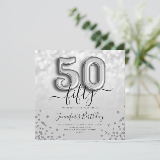 Silver Balloon Glitter 50th Birthday Party Invite Kaart (Staand voorkant)