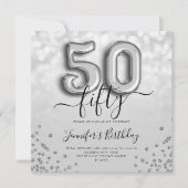 Silver Balloon Glitter 50th Birthday Party Invite Kaart (Voorkant)