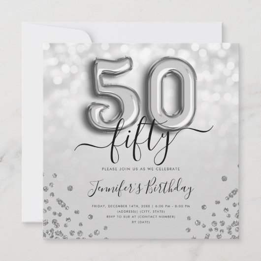 Silver Balloon Glitter 50th Birthday Party Invite Kaart (Voorkant)