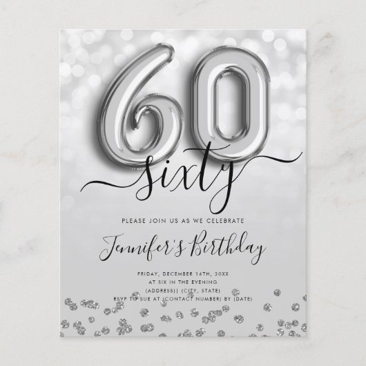 Silver Balloon Glitter 60th Birthday Party Invite Flyer (Voorkant)