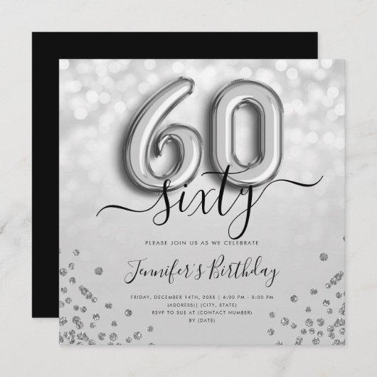 Silver Balloon Glitter 60th Birthday Party Invite Kaart (Voorkant / Achterkant)