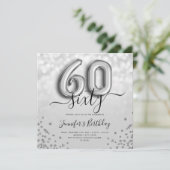 Silver Balloon Glitter 60th Birthday Party Invite Kaart (Staand voorkant)