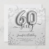 Silver Balloon Glitter 60th Birthday Party Invite Kaart (Voorkant)