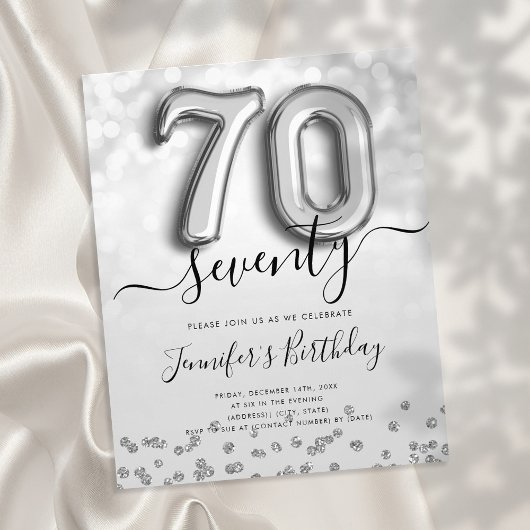 Silver Balloon Glitter 70th Birthday Party Invite Flyer