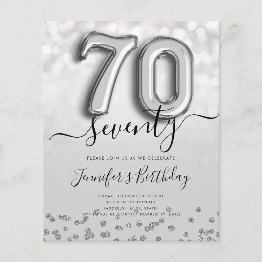 Silver Balloon Glitter 70th Birthday Party Invite Flyer (Voorkant)