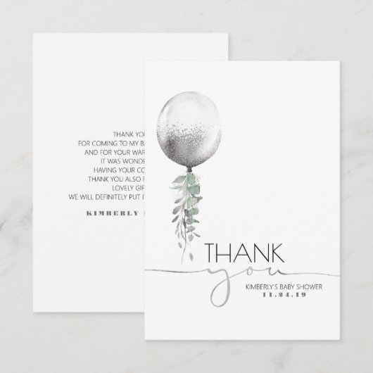 Silver Balloon Greenery Baby shower Bedankt (Voorkant / Achterkant)