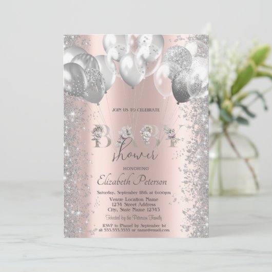 Silver Balloons Glitter Confetti Baby shower Kaart (Staand voorkant)