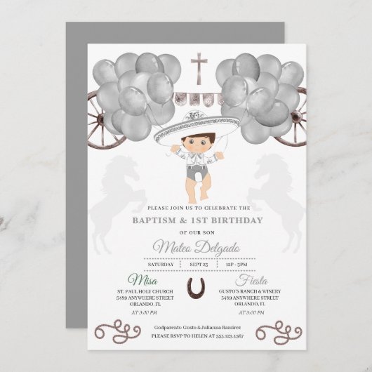 Silver Balloons Mexicaanse Baby Boy Charro Baptism Kaart (Voorkant / Achterkant)