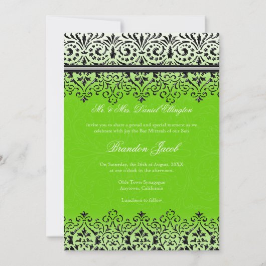 Silver Bar Mitzvah Green Black in White Lace Kaart (Achterkant)