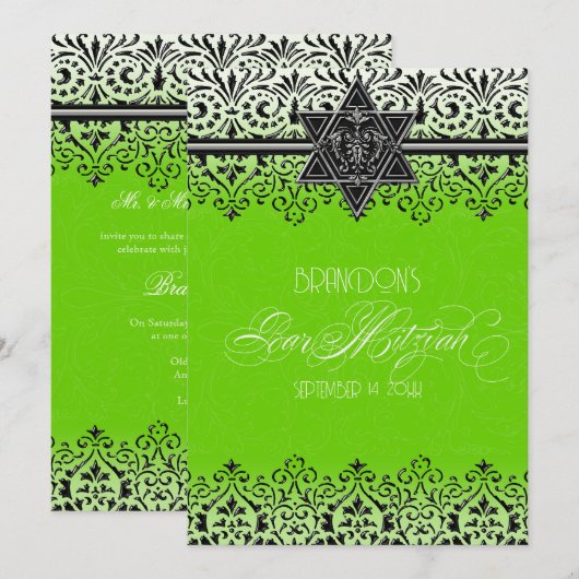 Silver Bar Mitzvah Green Black in White Lace Kaart (Voorkant / Achterkant)
