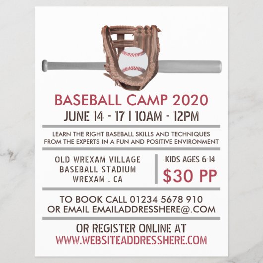 Silver Baseball Bat & Gear Baseball Camp Advert Flyer (Voorkant)