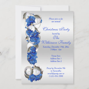Silver Baubles & Blue Poinsettia Kerstparty Kaart