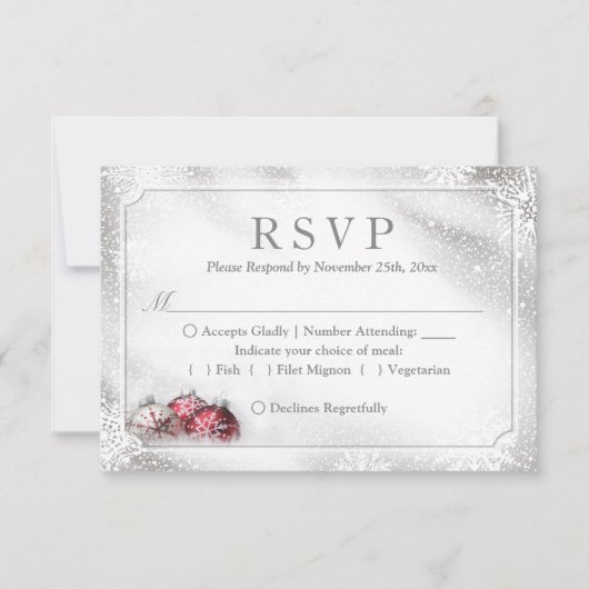 Silver Baubles Snowflakes kerstfeestdag RSVP Kaartje (Voorkant)
