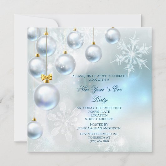 Silver Baubles & Snowflakes nieuwjaarsfeest Kaart (Voorkant)