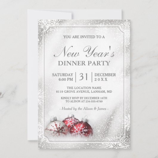 Silver Baubles Snowflakes Nieuwjaarsfeest Kaart (Voorkant)