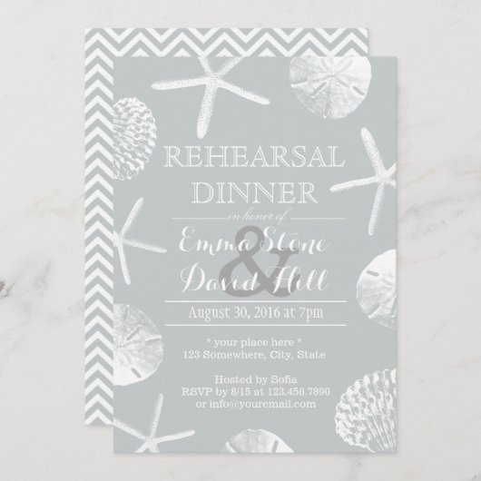 Silver Beach Theme Seashells Rehearsal Dinner Kaart (Voorkant / Achterkant)